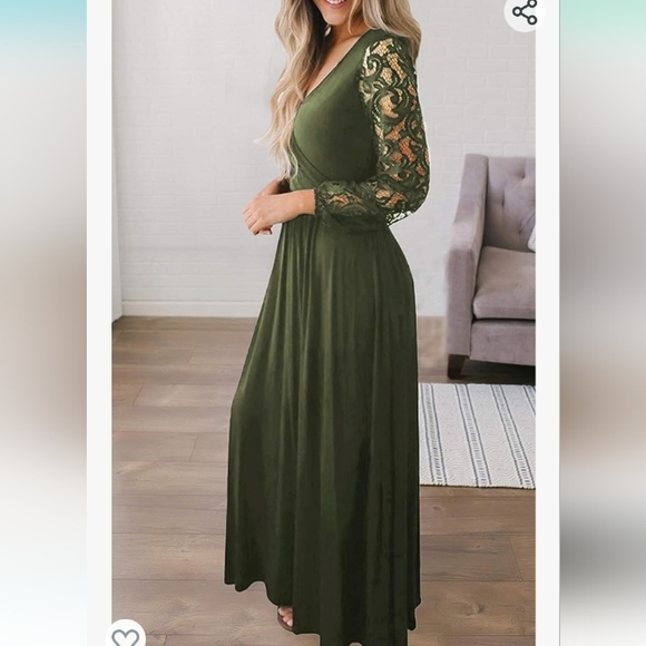 Women's Fall Floral Lace Long Sleeve Faux Wrap V Neck Maxi Dress-Navy Green - Picture 4 of 8